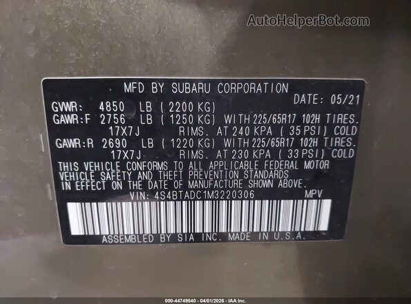 4S4BTADC1M3220306 2021 SUBARU OUTBACK Зеленый Вид подкапотного пространства