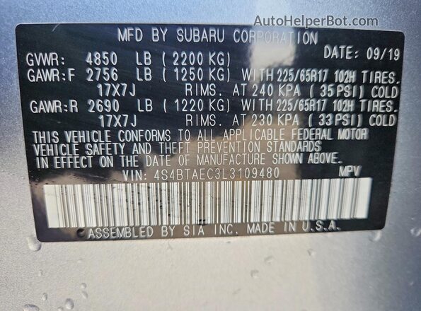 4S4BTAEC3L3109480 2020 SUBARU OUTBACK Silver Widok naklejki z numerem VIN
