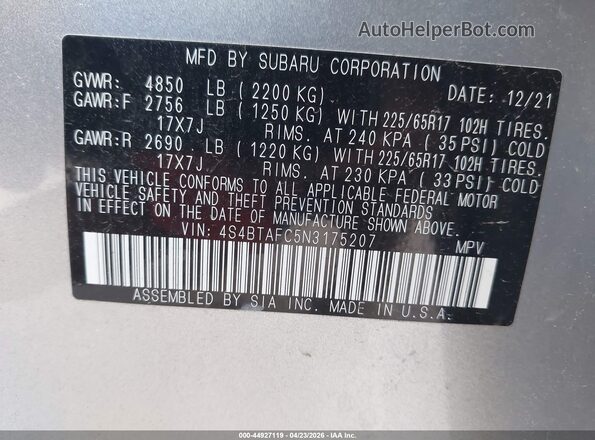 4S4BTAFC5N3175207 2022 SUBARU OUTBACK Light Blue Вид подкапотного пространства