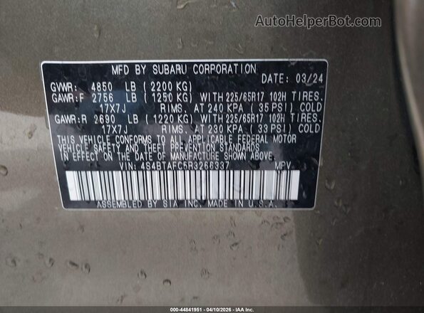 4S4BTAFC5R3266337 2024 SUBARU OUTBACK Зеленый Вид подкапотного пространства