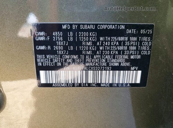 4S4BTALCXS3272192 2025 SUBARU OUTBACK Зеленый Вид наклейки с VIN-кодом