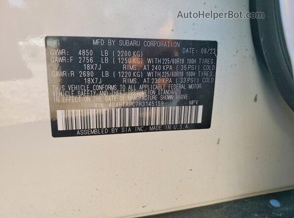 4S4BTAPC7R3145159 2024 SUBARU OUTBACK Белый Вид наклейки с VIN-кодом