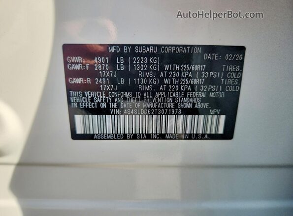 4S4SLDD62T3071978 2026 SUBARU FORESTER Белый Вид наклейки с VIN-кодом