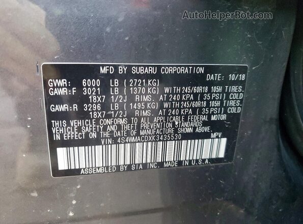 4S4WMACDXK3435530 2019 SUBARU ASCENT Gray სალონის 360-გრადუსიანი ხედი