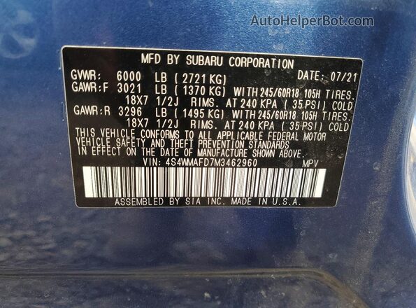 4S4WMAFD7M3462960 2021 SUBARU ASCENT Синий Вид наклейки с VIN-кодом