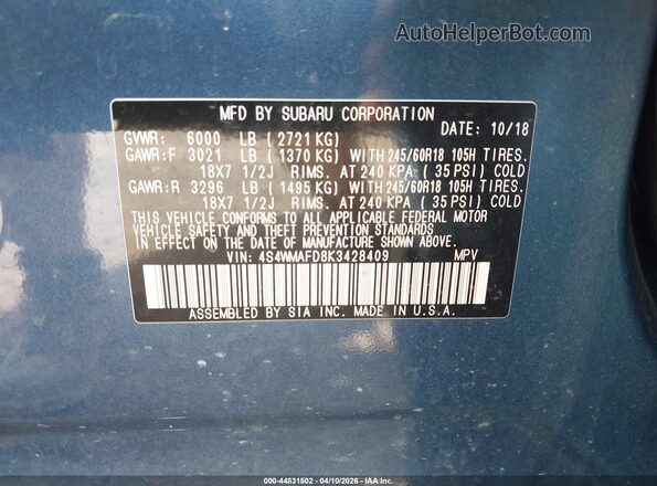 4S4WMAFD8K3428409 2019 SUBARU ASCENT Blue Вид підкапотного простору