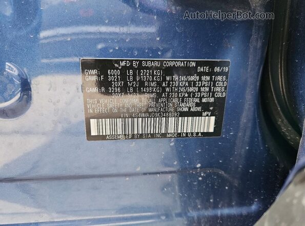 4S4WMAJD9K3488092 2019 SUBARU ASCENT Blue Vista interior de 360 grados