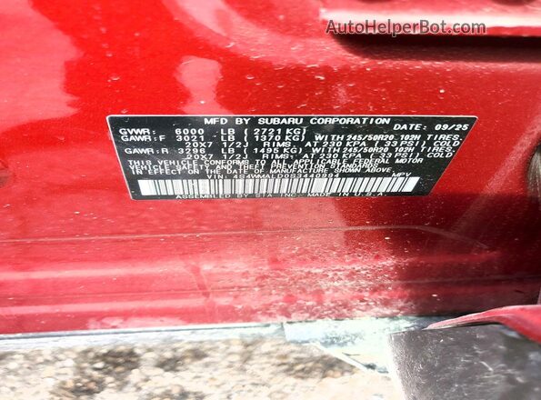 4S4WMALD0S3440994 2025 SUBARU ASCENT Maroon Vista de la etiqueta del VIN