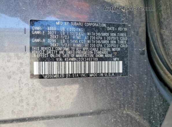4S4WMALD2K3463189 2019 SUBARU ASCENT Charcoal Вид наклейки з VIN-кодом