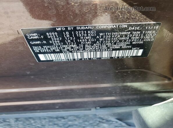 4S4WMAMD4K3438499 2019 SUBARU ASCENT Brown Widok naklejki z numerem VIN
