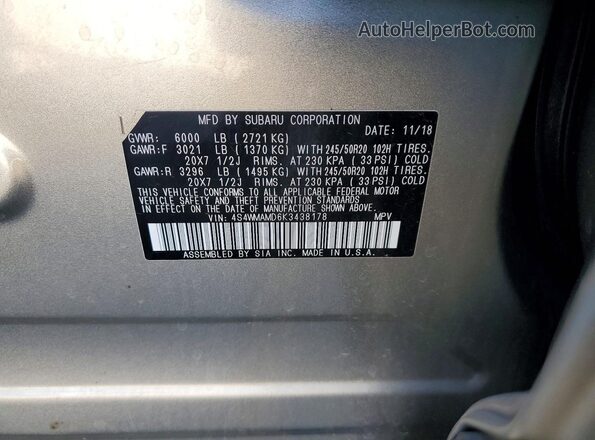 4S4WMAMD6K3438178 2019 SUBARU ASCENT Золотой Вид наклейки с VIN-кодом
