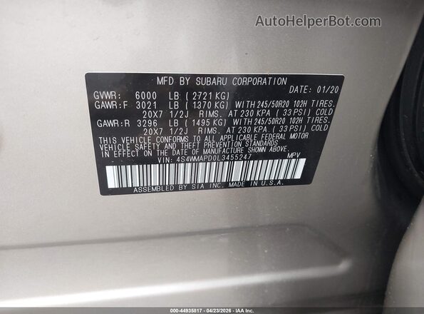 4S4WMAPD0L3455247 2020 SUBARU ASCENT Beige ძრავის განყოფილების ხედი