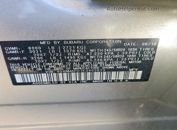 4S4WMAPD1K3403673 2019 SUBARU ASCENT Beige Widok naklejki z numerem VIN
