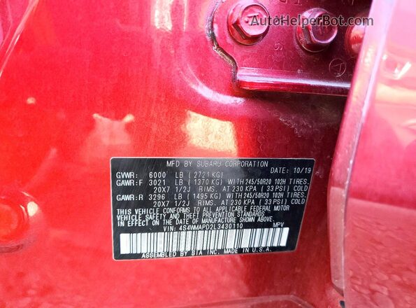 4S4WMAPD2L3430110 2020 SUBARU ASCENT Красный Панорамный вид салона 360°