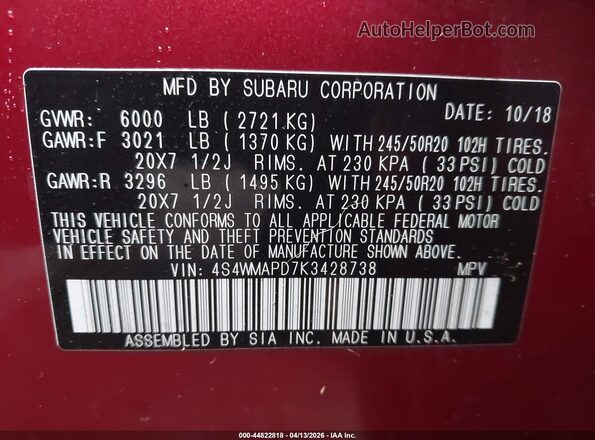 4S4WMAPD7K3428738 2019 SUBARU ASCENT Maroon ძრავის განყოფილების ხედი