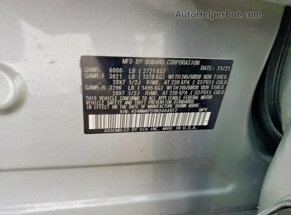 4S4WMAPD9N3404977 2022 SUBARU ASCENT Серебряный Вид наклейки с VIN-кодом