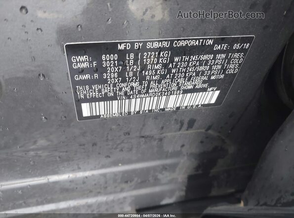 4S4WMARD0K3401989 2019 SUBARU ASCENT Gray ძრავის განყოფილების ხედი