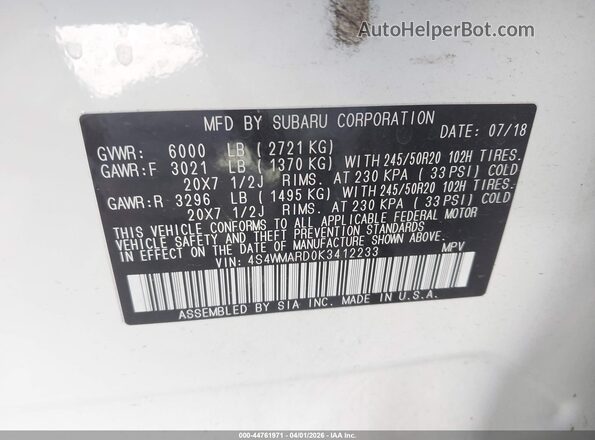 4S4WMARD0K3412233 2019 SUBARU ASCENT White Widok komory silnika