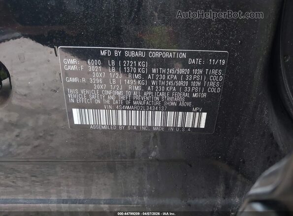 4S4WMARD2L3434137 2020 SUBARU ASCENT Черный Вид подкапотного пространства
