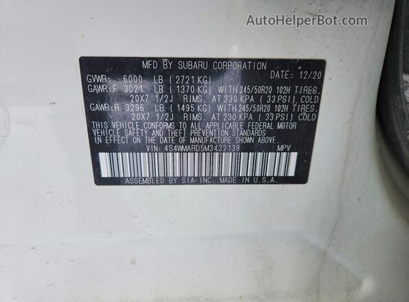 4S4WMARD5M3432139 2021 SUBARU ASCENT Белый Вид наклейки с VIN-кодом