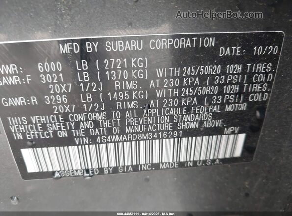 4S4WMARD8M3416291 2021 SUBARU ASCENT Gray Շարժիչի բաժամունքի տեսք