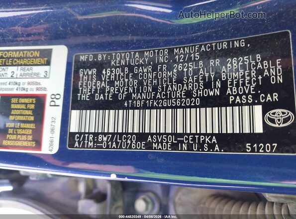4T1BF1FK2GU562020 2016 TOYOTA CAMRY Blue ძრავის განყოფილების ხედი