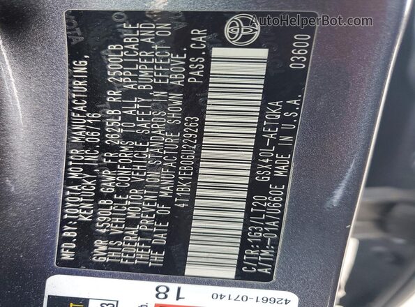 4T1BK1EB0GU229263 2016 TOYOTA AVALON Серый Вид подкапотного пространства