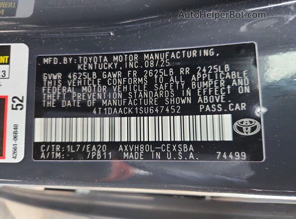 4T1DAACK1SU647452 2025 TOYOTA CAMRY Угольный Вид подкапотного пространства