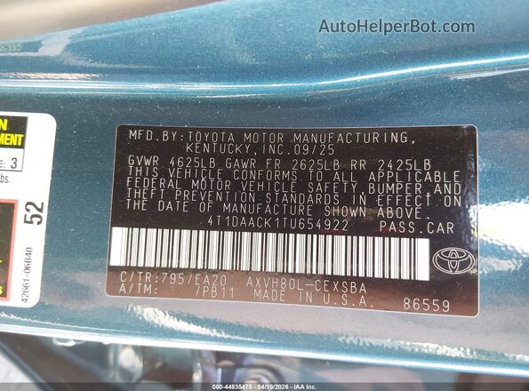 4T1DAACK1TU654922 2026 TOYOTA CAMRY Blue Вид підкапотного простору
