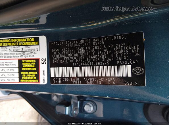 4T1DAACK1TU662275 2026 TOYOTA CAMRY Teal Widok komory silnika