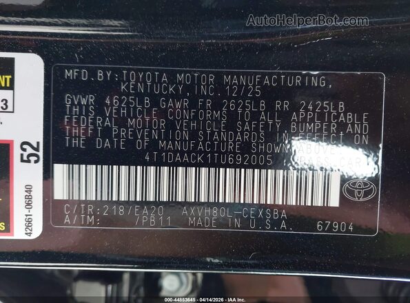 4T1DAACK1TU692005 2026 TOYOTA CAMRY Черный Вид подкапотного пространства