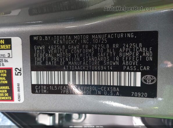 4T1DAACK2TU669414 2026 TOYOTA CAMRY Gray Շարժիչի բաժամունքի տեսք
