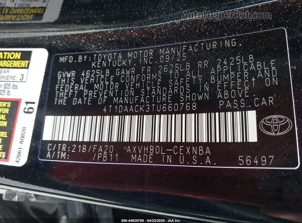 4T1DAACK3TU660768 2026 TOYOTA LE Черный Вид подкапотного пространства