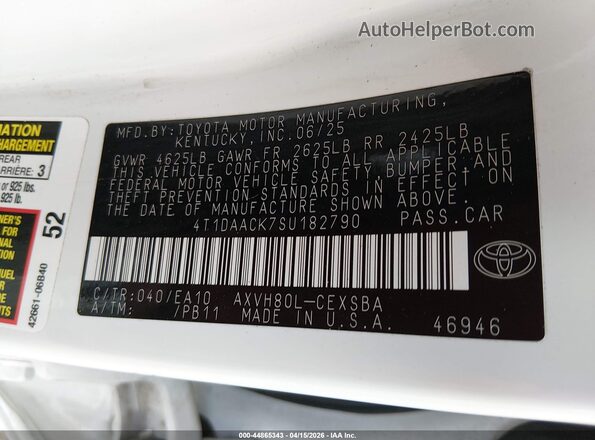 4T1DAACK7SU182790 2025 TOYOTA CAMRY White Widok komory silnika