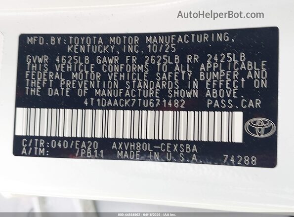 4T1DAACK7TU671482 2026 TOYOTA CAMRY White Շարժիչի բաժամունքի տեսք