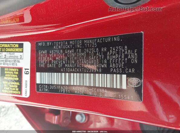 4T1DAACKXTU238948 2026 TOYOTA LE Red Engine compartment view