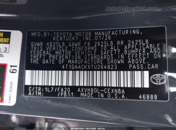 4T1DAACKXTU264823 2026 TOYOTA LE Серый Вид подкапотного пространства