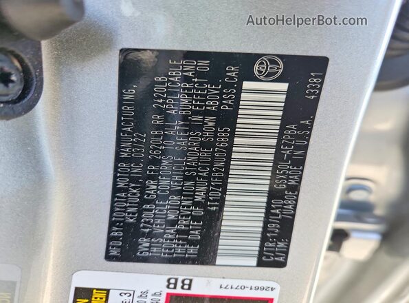 4T1DZ1FB2NU076885 2022 TOYOTA LIMITED Silver Widok naklejki z numerem VIN