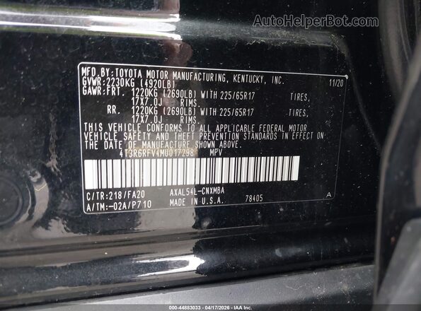 4T3R6RFV4MU017298 2021 TOYOTA LE Черный Вид подкапотного пространства