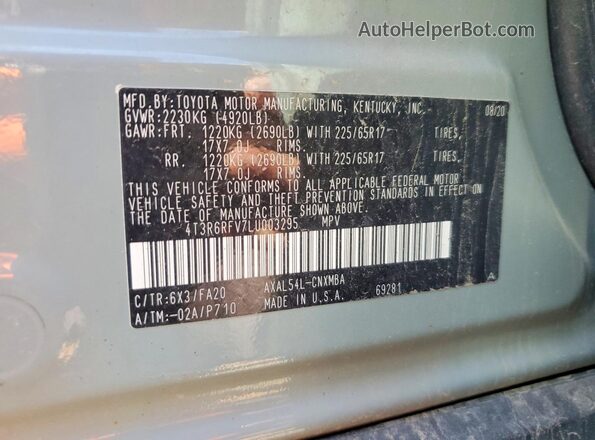 4T3R6RFV7LU003295 2020 TOYOTA LE Gray Շարժիչի բաժամունքի տեսք
