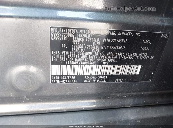4T3RWRFV4NU078605 2022 TOYOTA LE Серый Вид подкапотного пространства