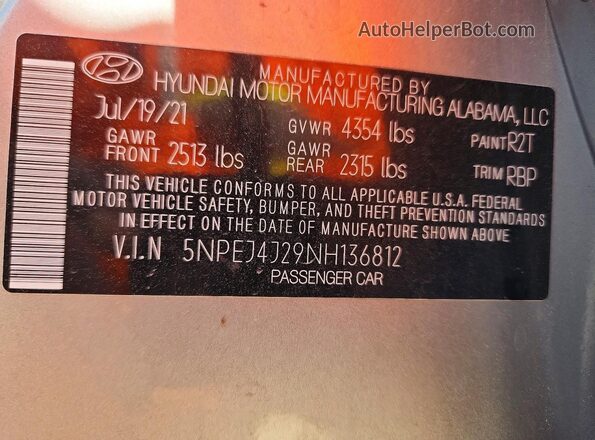 5NPEJ4J29NH136812 2022 HYUNDAI SONATA Серебряный Вид наклейки с VIN-кодом