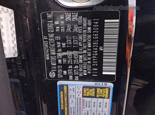 5XYPG4A38LG630941 2020 KIA SORENTO Черный Панорамный вид салона 360°