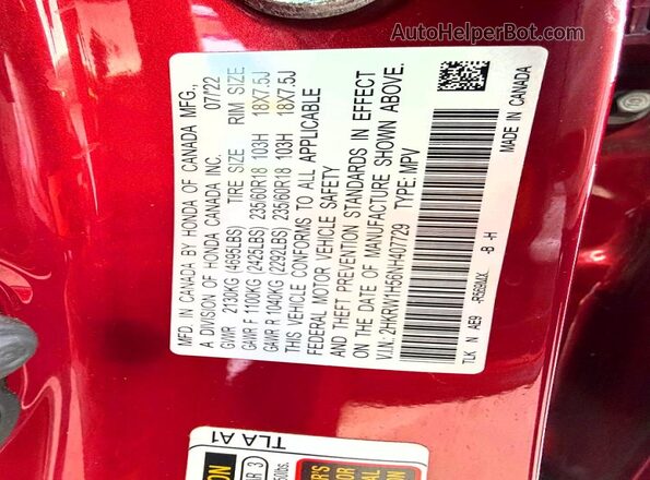 2HKRW1H56NH407729 2022 HONDA CRV Красный Вид задней части салона