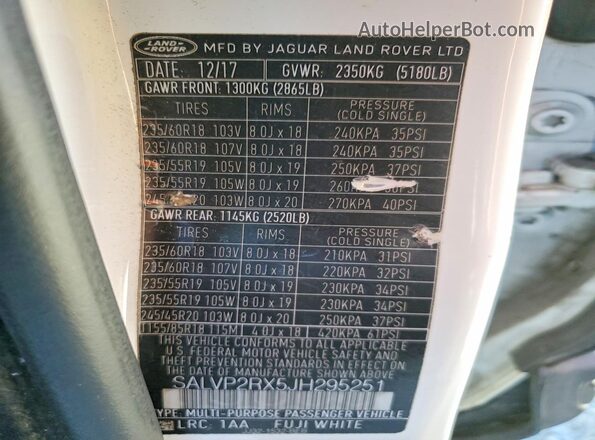 SALVP2RX5JH295251 2018 LAND ROVER RANGE ROVER Белый 