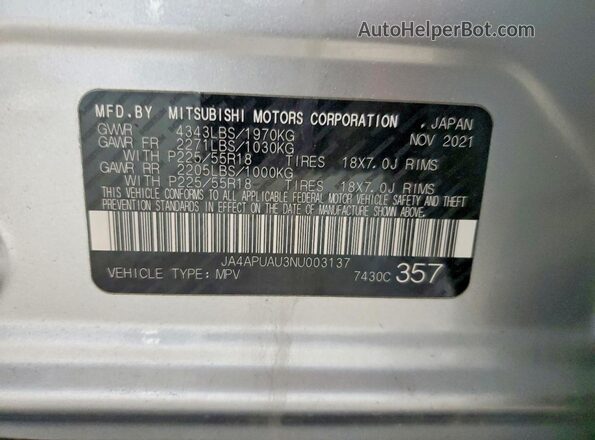 JA4APUAU3NU003137 2022 MITSUBISHI OUTLANDER Серебряный Панорамный вид салона 360°