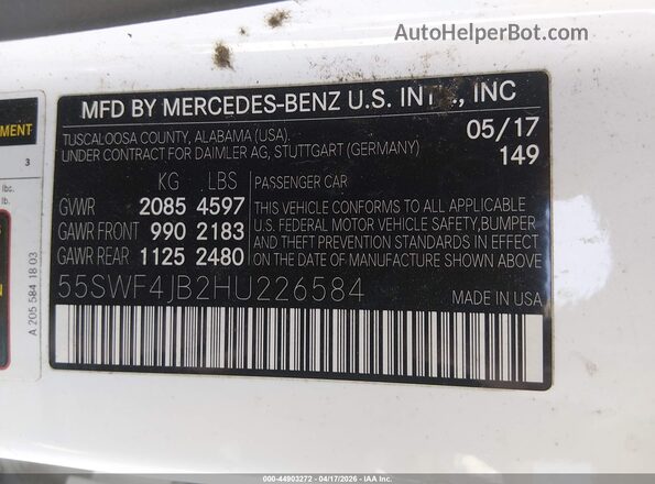 55SWF4JB2HU226584 2017 MERCEDES-BENZ C-CLASS White Вид підкапотного простору