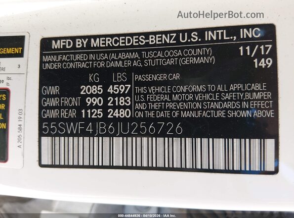 55SWF4JB6JU256726 2018 MERCEDES-BENZ C-CLASS White Շարժիչի բաժամունքի տեսք