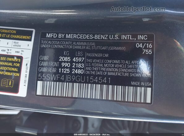 55SWF4JB9GU154541 2016 MERCEDES-BENZ C-CLASS Gray Vista del compartimento del motor