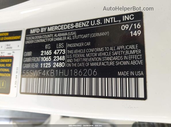55SWF4KB1HU186206 2017 MERCEDES-BENZ C-CLASS White ძრავის განყოფილების ხედი